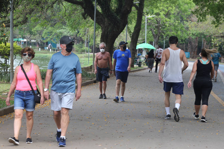 Seis pessoas caminham, em duplas, por rua no parque Ibirapuera. Ao fundo, o lago do parque e muitas árvores.