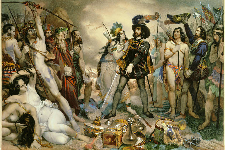 Pintura de Nicholas Maurin (1789-1850) retrata, ao centro, o conquistador espanhol Hernán Cortez, que derrubou o Império Asteca no México