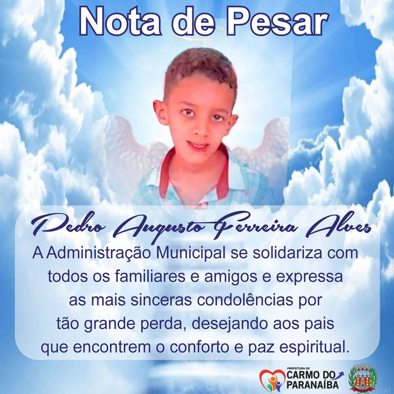 Mensagem publicada pela Prefeitura de Carmo do Paranaíba sobre a morte do garoto Pedro
