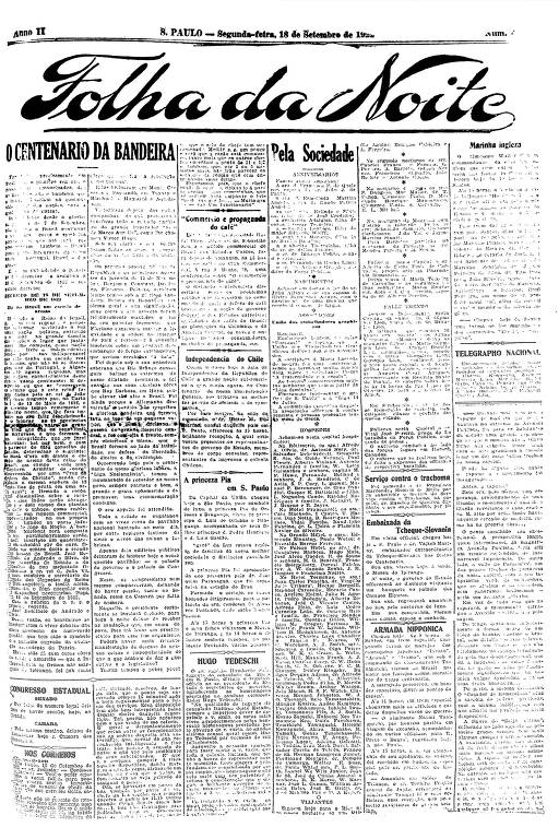 Primeira Página da Folha da Noite de 18 de setembro de 1922