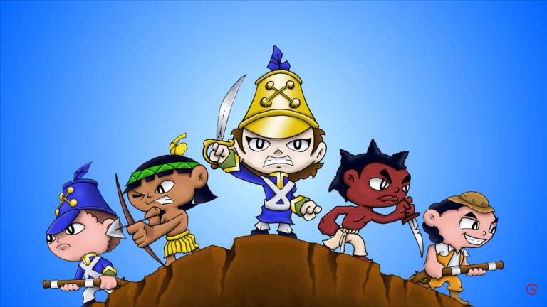 sobre um monte, estão cinco personagens animados do jogo: três soldados, um homem indígena com uma flecha e um homem negro com abadá de capoeira
