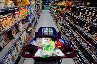 A shopping trolley is seen in a supermarket in Nice
