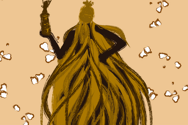 Na ilustração de fundo marrom claro, a figura do Orixá Omolú surge ao centro, é uma figura coberta de palha que dança com um xaxará, objeto ritualístico de palha, na mão direita. A sua volta pipocas estouradas se espalham.