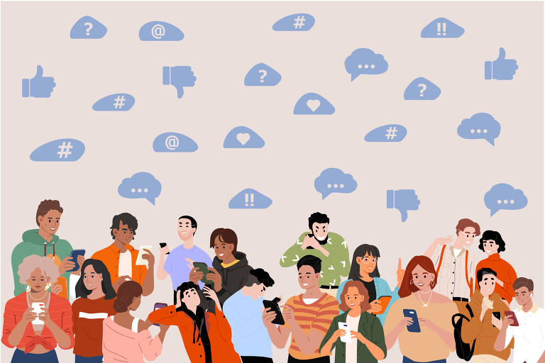 Ilustração mostra várias pessoas, de diferentes raças e gêneros, navegando na internet e interagindo por meio das redes sociais usando dispositivos portáteis (smartphone).