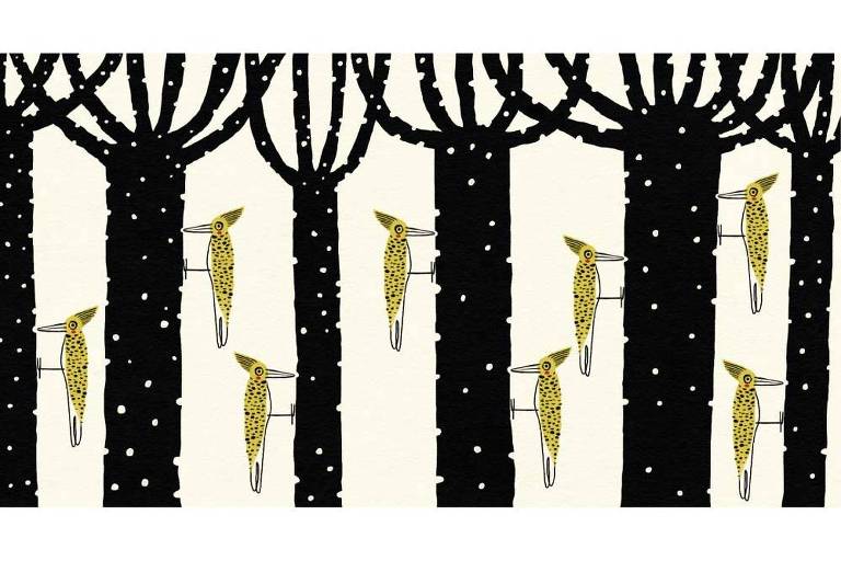 A ilustração digital apresenta diversos pica-paus-de-cabeça-amarela apoiados sobre as silhuetas de troncos de árvores completamente esburacadas.  As árvores são pretas e o fundo é bege. 