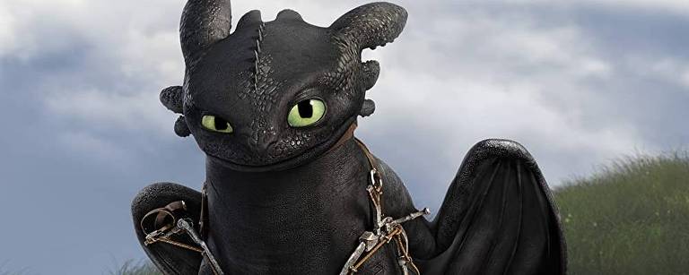 Personagem Banguela, um dragão de escamas pretas e olhos verdes, em "Como Treinar Seu Dragão 2"