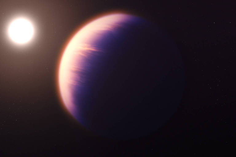 Ilustração mostra concepção artística do exoplaneta Wasp-93 b, um gigante gasoso, com sua estrela ao fundo