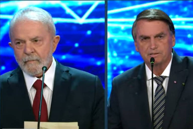 Imagem mostra uma foto divida; à esquerda, Lula usa um terno e tem expressão séria; à direita, Bolsonaro usa terno e tem expressão séria
