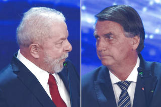 Fotomontagem de Lula e Bolsonaro durante o primeiro debate das eleições de 2022