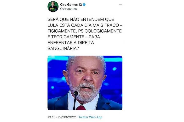 Postagem publicada na conta de Ciro Gomes e apagada na sequência após críticas por citar a saúde de Lula