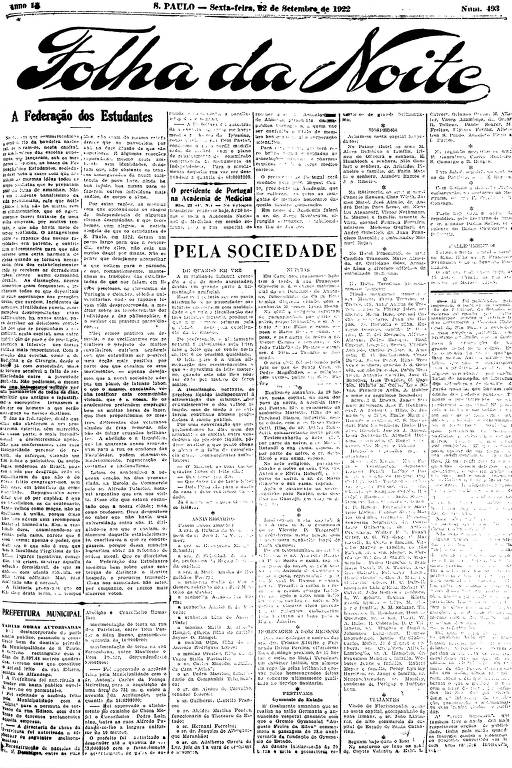 Primeira Página da Folha da Noite de 22 de setembro de 1922