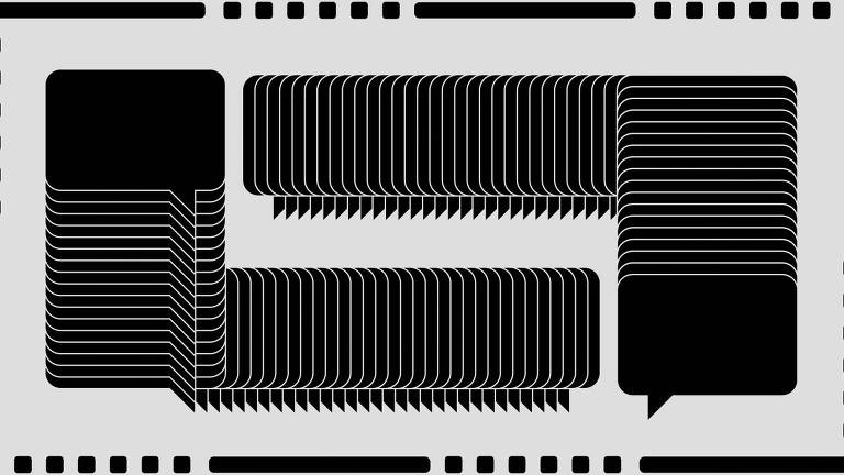  Ilustração em preto e branco de duas letras "L" horizontais encaixadas, a forma da letras é composta por um rastro de balões de fala, gerando uma continuidade entre elas. 