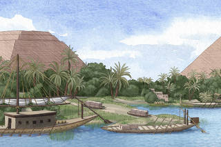 An artist?s reconstruction of the now defunct Khufu branch of the Nile River in Egypt. (Alex Boersma/Proceedings of the National Academy of Sciences via The New York Times)