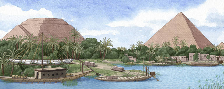 Ilustração mostra duas pirâmides do Egito com barcos passando em um rio ao lado
