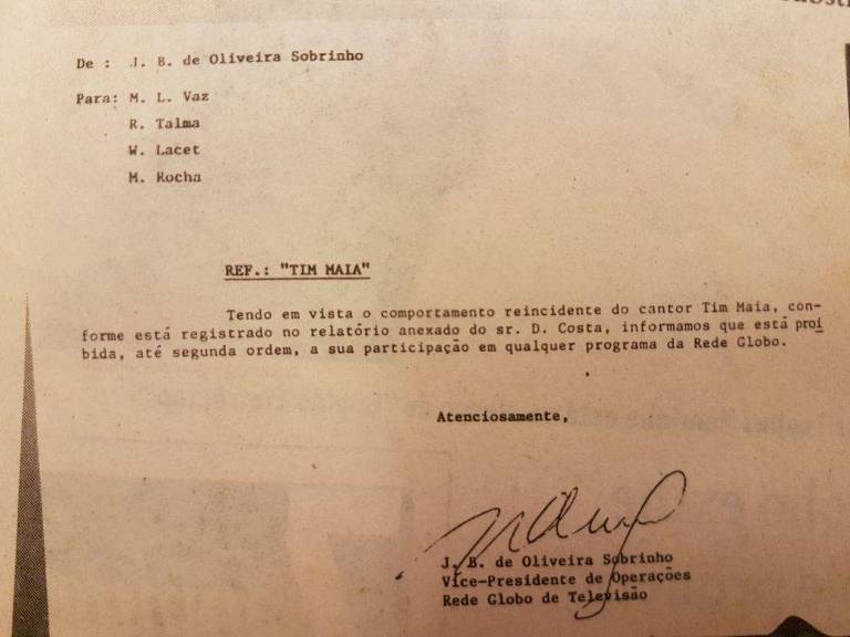 Documento assinado por J.B. de Oliveira Sobrinho, o Boni