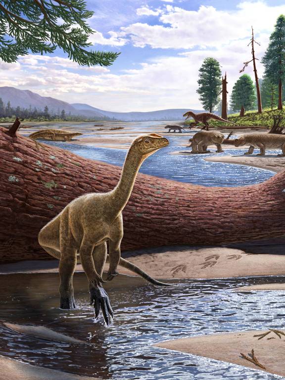 Ilustração de dinossauro bípede andando em um rio