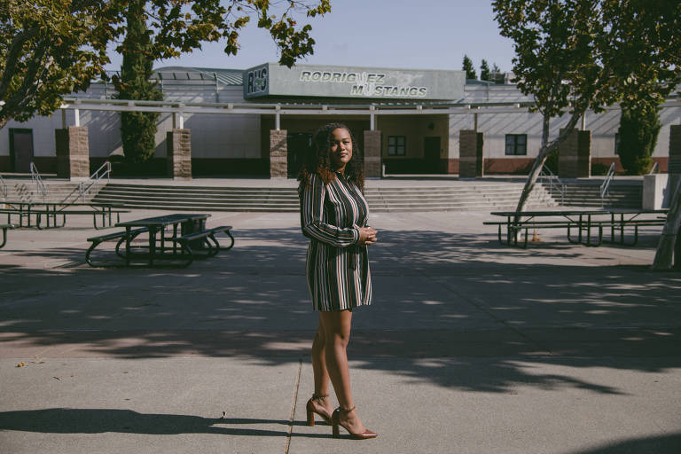 Lawyer Jimarielle Bowie at her alma mater, Angelo Rodriguez High School, in Fairfield, Calif., on July 29, 2022. Bowie credits some of her success to the friendships she made in high school. (Marissa Leshnov/The New York Times)