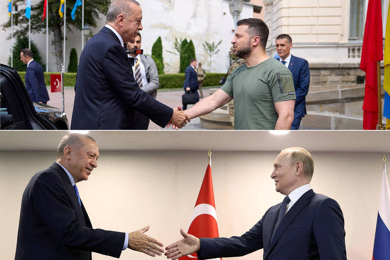 Montagem de fotos em que o presidente da Turquia, Recep Tayyip Erdogan, cumprimenta seus homólogos da Ucrânia, Volodimir Zelenski, e da Rússia, Vladimir Putin

