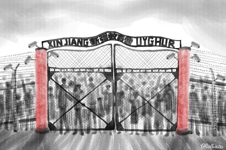 Ilustração mostra pessoas atrás de um portão de cor vermelha, como se estivessem presas a ele