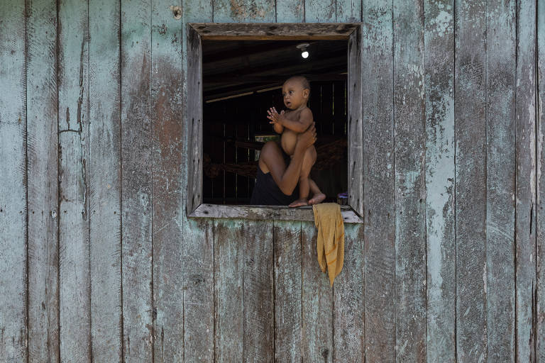 Neto de Maria Raimunda dos Santos Alho, 77, na janela de sua casa, localizada em um igarapé na zona rural de Melgaço, onde foram instaladas placas solares