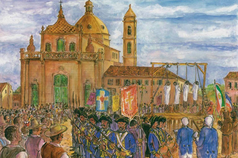 na ilustração, uma multidão acompanha o enforcamento de quatro homens negros num campo aberto. em segundo plano, está uma grande igreja. soldados separam as pessoas dos enforcados