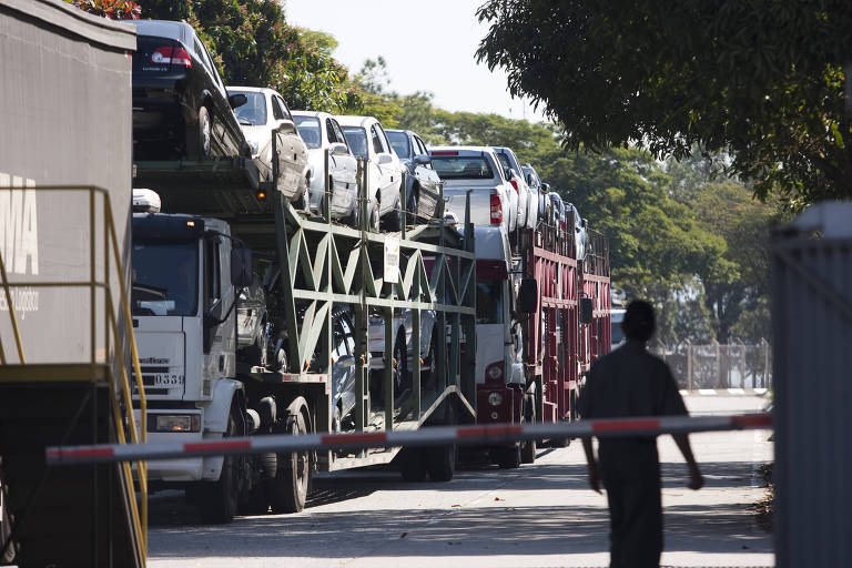 Imagem mostra dois caminhões do tipo cegonhas, carregados de carros. Na frente, há uma cancela, onde também está parada uma pessoa, de costas.