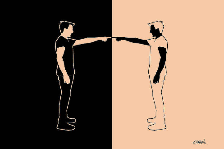 Ilustração mostra dois homens, um apontando para o outro. Um deles, na esquerda, é pintado de bege, sobre um fundo preto. O outro está num fundo bege, pintado de preto