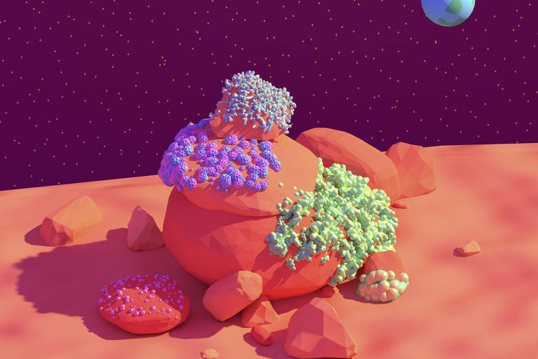 Ilustração em 3D de rochas vermelhas em Marte, cobertas por pequenos pontos coloridos que representam microorganismos. Ao fundo, é possível ver a Terra.