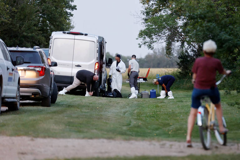 Policial de luvas analisa provas em um gramado; ao lado uma fileira de carros