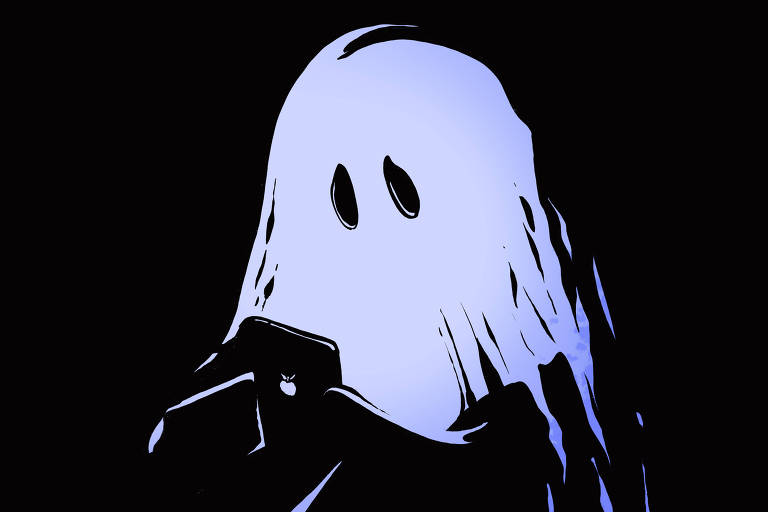 Ilustração de fantasma de tom azulado segurando celular