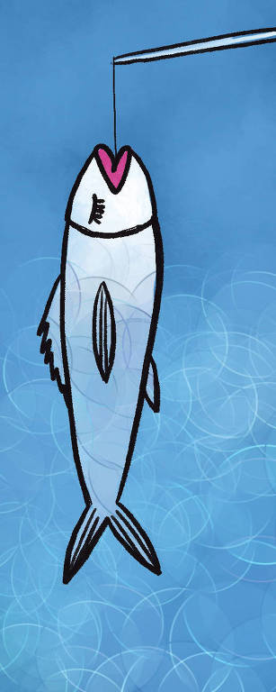 Ilustração de um peixe pendurado em uma vara de pesca pela linha. O peixe é branco com a boca rosa e está com os olhos fechados. O fundo é azul com linhas claras representando a água.