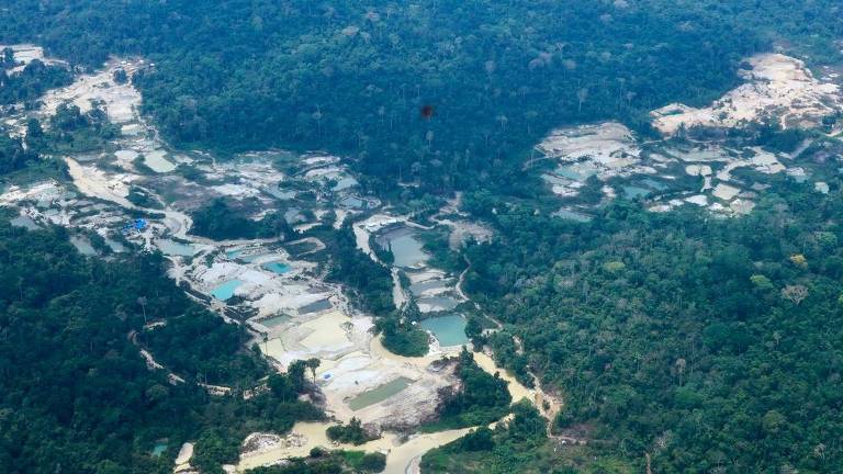 Grande área devastada pelo garimpo ilegal no meio da floresta amazônica
