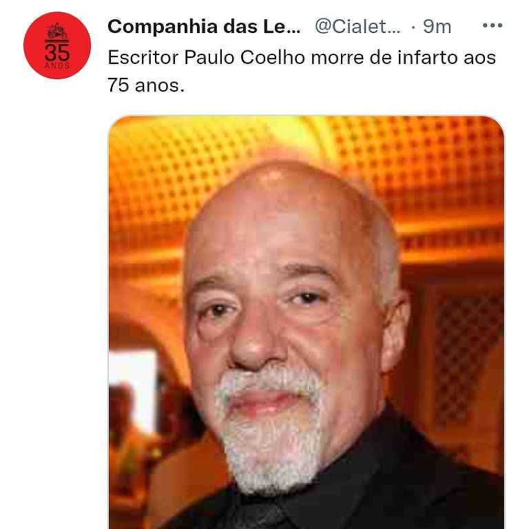 Paulo Coelho tem falsa morte divulgada em conta no Twitter que imita a da editora Companhia das Letras