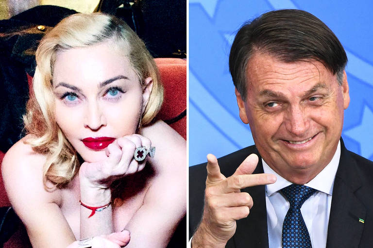 A cantora Madonna (esq.), em foto de 2020, e o presidente Jair Bolsonaro (dir.)