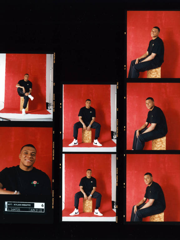 A contact sheet of portraits of Paris-St. Germain forward Kylian Mbappé in New York on June 21, 2022.  In a rare interview, the French soccer star discusses chasing the Champions League title, supplanting his teammate Lionel Messi as world player of the year and the possibility of a move to Real Madrid. (Josefina Santos/The New York Times)