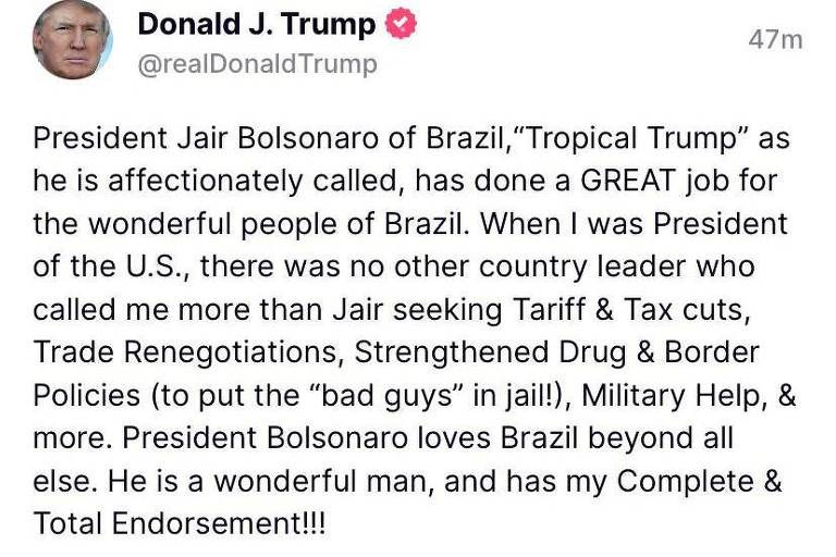 Ex-presidente Donald Trump anuncia apoio à reeleição de Jair Bolsonaro