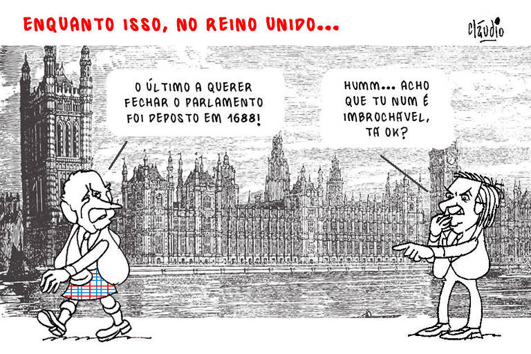 A charge tem título Enquanto isso, no Reino Unido e mostra o novo rei do Reino Unido, Charles 3º, vestido com um saiote escocês, em conversa com Jair Bolsonaro, tendo ao fundo uma gravura do Palácio de Westminster, sede do parlamento britânico,  em Londres. O rei Charles 3º diz para Bolsonaro - O último a querer fechar o Parlamento foi deposto em 1688! O presidente comenta: - Humm Acho que tu num é imbrochável, tá ok?