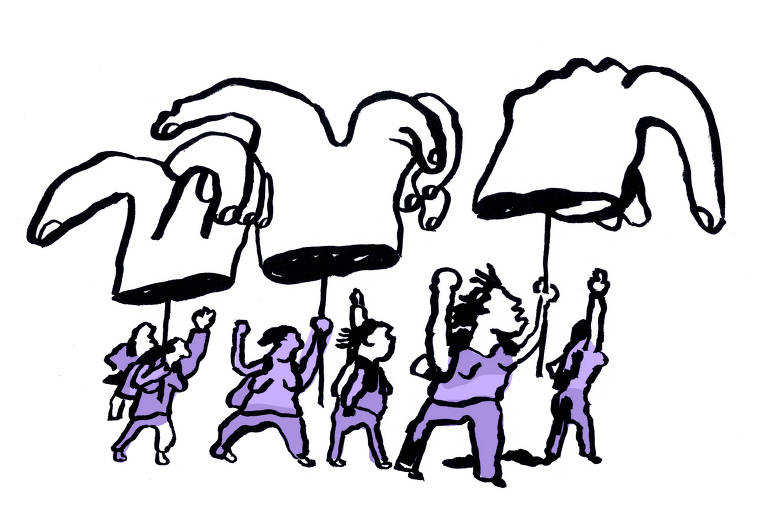 Ilustração mostra 6 mulheres em uma manifestação/ato em defesa de seus direitos e no combate à violência doméstica. Todas elas vestem roupas na cor roxa, que simboliza os primeiros movimentos feministas, onde mulheres adotaram a cor como uma nova síntese entre o rosa e o azul, representando a igualdade entre mulheres e homens. 