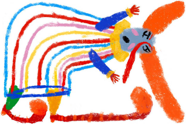 Ilustração de um palhaço com cabelos laranjas nas laterais da cabeça, nariz comprido vermelho e roupa branca com listras azuis, vermelhas, rosas e amarelas e sapatos grandes vermelhos com as pontas laranjas.