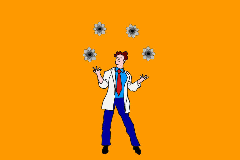 A ilustração de Annette Schwartsman, publicada na Folha de São Paulo no dia 11 de setembro de 2022, mostra, sob um fundo cor de laranja, um homem fazendo malabarismo com quatro átomos. Ele usa avental branco, camisa azul clara, gravata vermelha, calça azul marinho e sapatos pretos. 
