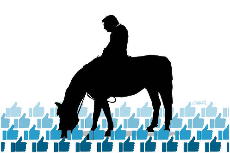 Ilustração mostra uma silhueta de um homem montado a cavalo. O animal está com a cabea baixa, como se estivesse comendo algo. No chão, vários símbolos de positivo, como os do Facebook aparecem em tons de azul