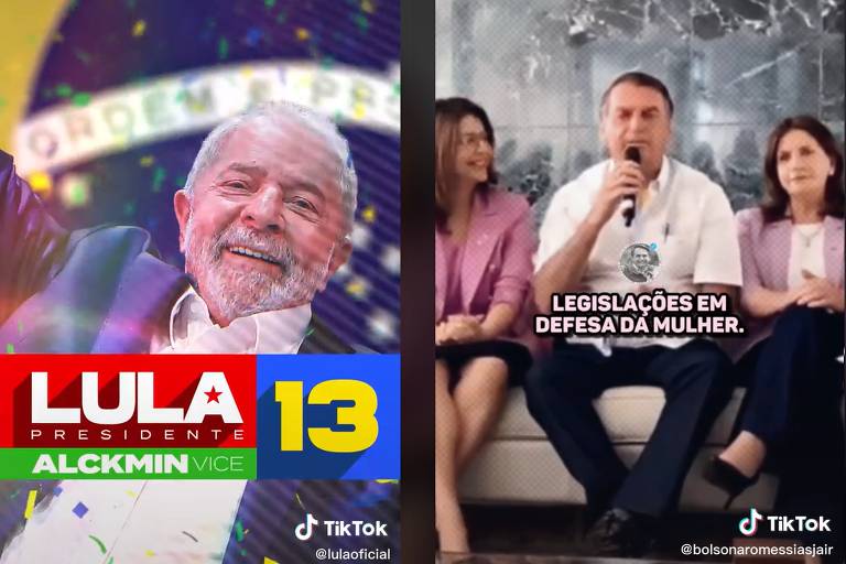 Montagem com capturas de tela mostra à esquerda Lula em frente à bandeira do Brasil, atrás de tarja com seu nome, número e vice-presidente. Do lado direito da montagem aparece captura que mostra Bolsonaro sentado em sofá com mulheres, sobre a qual há trecho de legenda de sua fala no vídeo ''legislação em defesa das mulheres". 