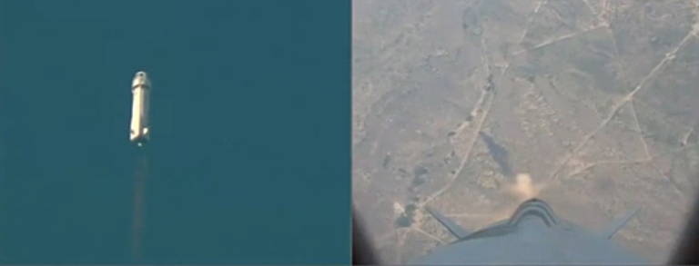 Duas imagens: na primeira, vista de baixo do foguete subindo. Na segunda, a imagem é de câmera acoplada no foguete