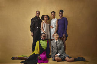 Standing, from left: Florence Kasumba, Dominique Thorne, Letitia Wright, Danai Guira, and sitting, from left, Lupita Nyong?o and Mabel Cadena, members ?of the Black Panther: Wakanda Forever