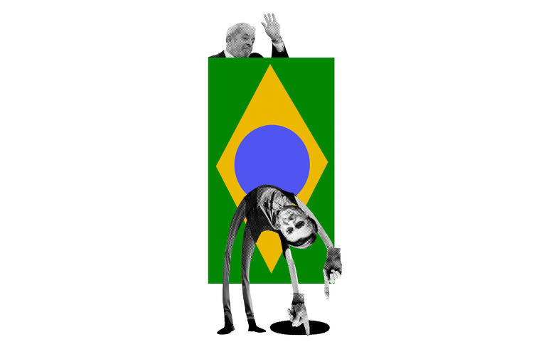 Colagem com a bandeira do Brasil mostra Lula saindo de treas dela e Bolsonaro dobrando-se em direção a um buraco em frente.