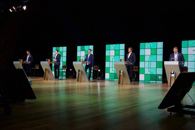 Debate entre candidatos ao governo de São Paulo, comFernando Haddad (PT), Tarcísio de Freitas (Republicanos), Rodrigo Garcia (PSDB), Elvis Cezar (PDT) e Vinícius Poit (Novo)