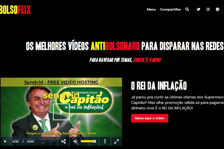 Página Bolsoflix, com vídeos contra o presidente