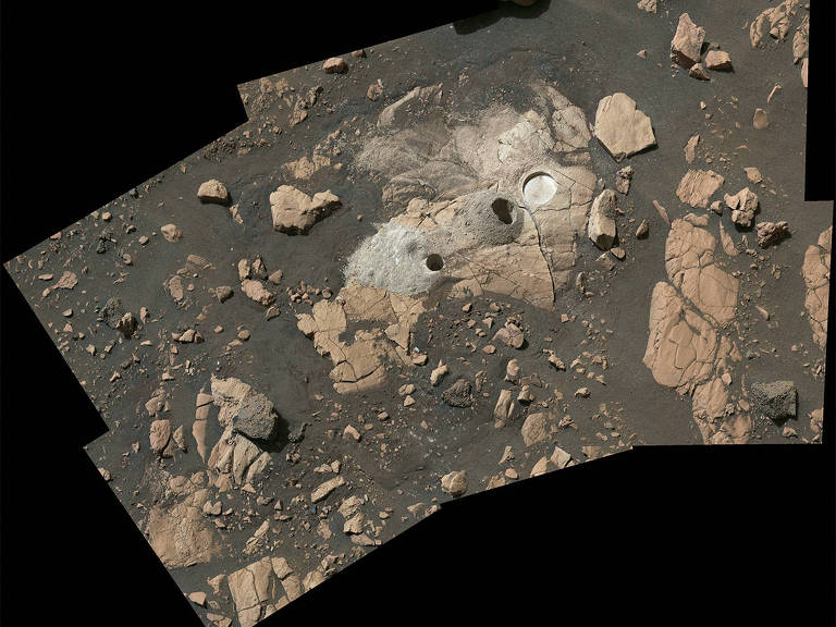 Imagem divulgada pela Nasa das rochas onde o rover Perseverance colheu amostras com moléculas orgânicas na cratera Jezero, em Marte