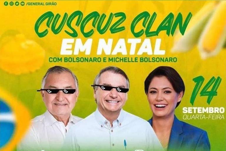Flyer de divulgação, nas cores verde e amarelo, da carreata do presidente Jair Bolsonaro com a seguinte frase: "Cuscuz Clan em Natal"