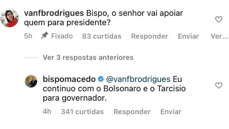 Sem alarde, bispo Edir Macedo declara apoio a Bolsonaro em rede social, Política